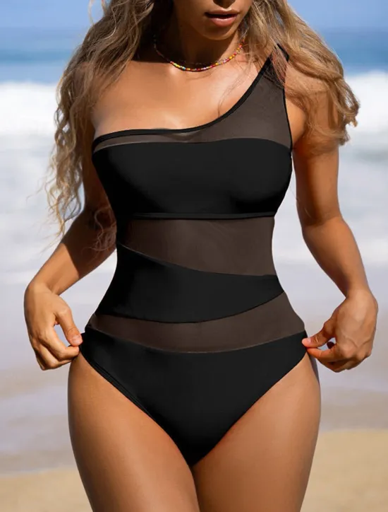Women's Swimwear One Piece Swimsuit Backless Tummy Control High Waist Slim Vacation Beach Wear Solid Color Asymmetric Neck Sleeveless Bathing Suits Women One-Pieces