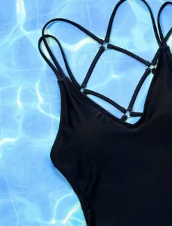 Online Women's Swimwear One Piece Monokini Swimsuit Backless Tummy Control High Waist Slim Vacation Beach Wear Solid Color V Neck Sleeveless Bathing Suits Women One-Pieces