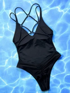 Online Women's Swimwear One Piece Monokini Swimsuit Backless Tummy Control High Waist Slim Vacation Beach Wear Solid Color V Neck Sleeveless Bathing Suits Women One-Pieces