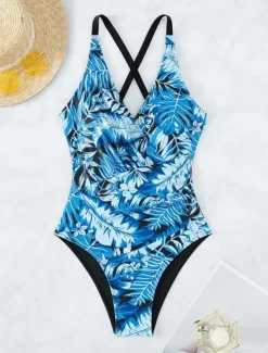 Online Women's Swimwear One Piece Monokini Swimsuit Backless Tummy Control High Waist Slim Vacation Beach Wear Leaves V Neck Sleeveless Bathing Suits Women One-Pieces