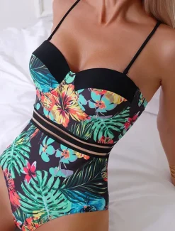 Sale Women's Swimwear One Piece Swimsuit Backless Zipper Vacation Tropical Floral Graphic Halter Neck Sleeveless Bathing Suits Women One-Pieces