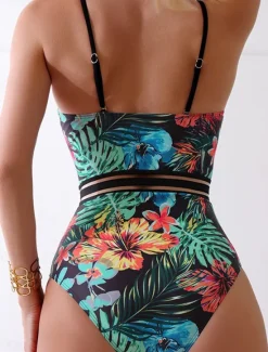 Sale Women's Swimwear One Piece Swimsuit Backless Zipper Vacation Tropical Floral Graphic Halter Neck Sleeveless Bathing Suits Women One-Pieces