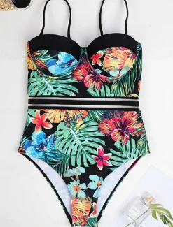 Sale Women's Swimwear One Piece Swimsuit Backless Zipper Vacation Tropical Floral Graphic Halter Neck Sleeveless Bathing Suits Women One-Pieces