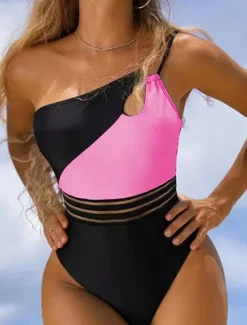 Outlet Women's Swimwear One Piece Monokini Swimsuit Backless Tummy Control High Waist Slim Vacation Beach Wear Color Block Sleeveless Bathing Suits Women One-Pieces