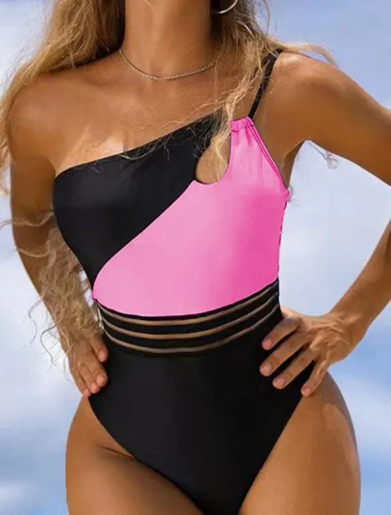 Outlet Women's Swimwear One Piece Monokini Swimsuit Backless Tummy Control High Waist Slim Vacation Beach Wear Color Block Sleeveless Bathing Suits Women One-Pieces