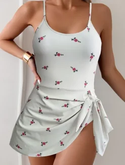 New Women's Swimwear One Piece Monokini Swimsuit Backless Tummy Control High Waist Slim Vacation Beach Wear Floral Halter Neck Sleeveless Bathing Suits Women Swimdresses