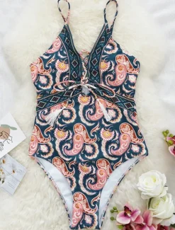 Clearance Women's Swimwear One Piece Swimsuit Vacation Fashion Paisley Strapless Bathing Suits Women One-Pieces