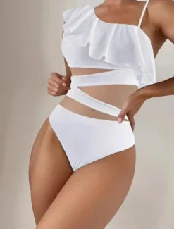 Sale Women's Swimwear One Piece Monokini Swimsuit Ruffle Mesh Backless Tummy Control High Waist Vacation Beach Wear Solid Color Halter Neck Sleeveless Bathing Suits Women One-Pieces