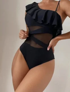 Sale Women's Swimwear One Piece Monokini Swimsuit Ruffle Mesh Backless Tummy Control High Waist Vacation Beach Wear Solid Color Halter Neck Sleeveless Bathing Suits Women One-Pieces
