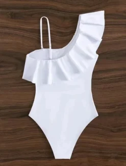 Sale Women's Swimwear One Piece Monokini Swimsuit Ruffle Mesh Backless Tummy Control High Waist Vacation Beach Wear Solid Color Halter Neck Sleeveless Bathing Suits Women One-Pieces