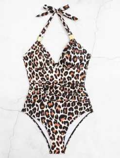 Best Women's Swimwear One Piece Swimsuit Backless Patchwork Vintage Sexy Graphic Halter Neck Sleeveless Bathing Suits Women One-Pieces|Leopard Swimwear