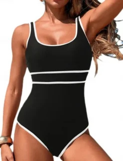 Sale Women's Swimwear One Piece Swimsuit Backless Patchwork Sporty Solid Color U Neck Sleeveless Bathing Suits Women One-Pieces