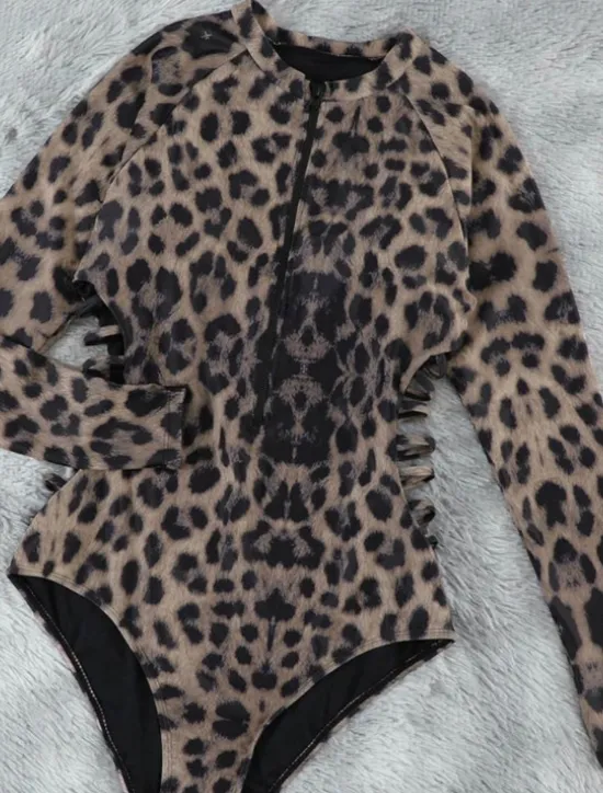 Women's Swimwear One Piece Swimsuit Zip Up Tropical Beach Wear Leopard V Wire Sleeveless Bathing Suits Women One-Pieces