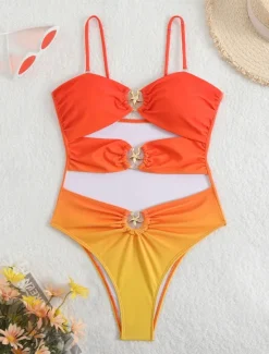 Outlet Women's Swimwear One Piece Monokini Swimsuit Backless Tummy Control High Waist Slim Vacation Beach Wear Ombre V Neck Sleeveless Bathing Suits Women One-Pieces