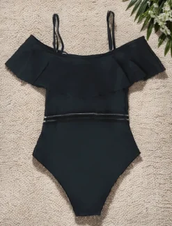 Outlet Women's Swimwear One Piece Monokini Swimsuit Ruffle Mesh Backless Tummy Control High Waist Vacation Beach Wear Solid Color Off Shoulder Sleeveless Bathing Suits Women One-Pieces