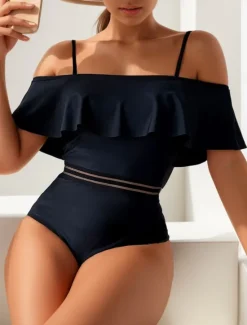 Outlet Women's Swimwear One Piece Monokini Swimsuit Ruffle Mesh Backless Tummy Control High Waist Vacation Beach Wear Solid Color Off Shoulder Sleeveless Bathing Suits Women One-Pieces