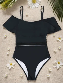 Outlet Women's Swimwear One Piece Monokini Swimsuit Ruffle Mesh Backless Tummy Control High Waist Vacation Beach Wear Solid Color Off Shoulder Sleeveless Bathing Suits Women One-Pieces