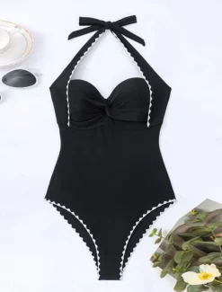 Women's Swimwear One Piece Monokini Swimsuit Backless Tummy Control High Waist Slim Vacation Beach Wear Solid Color Halter Neck Sleeveless Bathing Suits Women One-Pieces