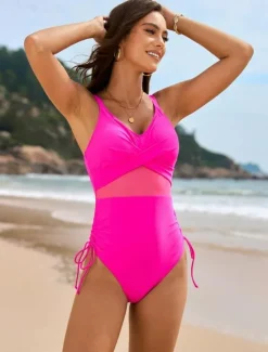 Best Women's Swimwear One Piece Monokini Swimsuit Mesh Backless Tummy Control High Waist Slim Vacation Beach Wear Solid Color V Neck Sleeveless Bathing Suits Women One-Pieces
