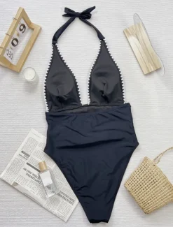 Sale Women's Swimwear One Piece Monokini Swimsuit Backless Tummy Control High Waist Slim Vacation Beach Wear Plain Halter Neck Sleeveless Bathing Suits Women One-Pieces