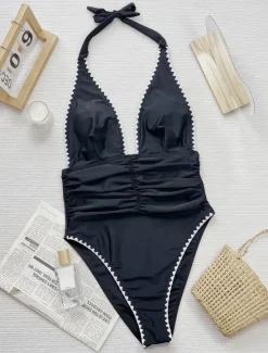 Sale Women's Swimwear One Piece Monokini Swimsuit Backless Tummy Control High Waist Slim Vacation Beach Wear Plain Halter Neck Sleeveless Bathing Suits Women One-Pieces
