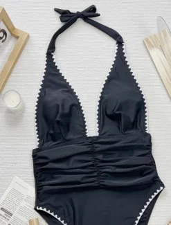 Sale Women's Swimwear One Piece Monokini Swimsuit Backless Tummy Control High Waist Slim Vacation Beach Wear Plain Halter Neck Sleeveless Bathing Suits Women One-Pieces