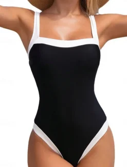 Outlet Women's Swimwear One Piece Swimsuit Backless Tummy Control High Waist Slim Vacation Beach Wear Color Block Sleeveless Bathing Suits Women One-Pieces