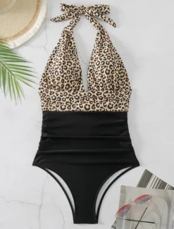 Best Women's Swimwear One Piece Monokini Swimsuit Backless Tummy Control High Waist Slim Vacation Beach Wear Leopard Halter Neck Sleeveless Bathing Suits Women Leopard Swimwear
