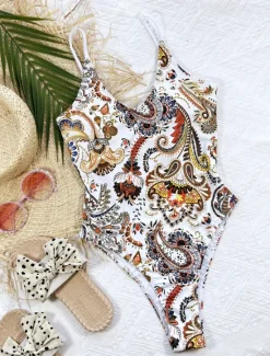 Sale Women's Swimwear One Piece Monokini Swimsuit Backless Tummy Control High Waist Slim Vacation Beach Wear Paisley Scoop Neck Sleeveless Bathing Suits Women One-Pieces