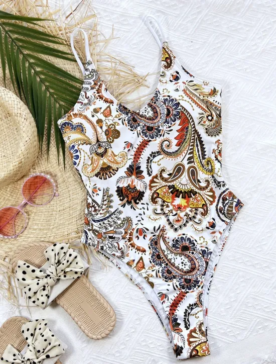 Sale Women's Swimwear One Piece Monokini Swimsuit Backless Tummy Control High Waist Slim Vacation Beach Wear Paisley Scoop Neck Sleeveless Bathing Suits Women One-Pieces