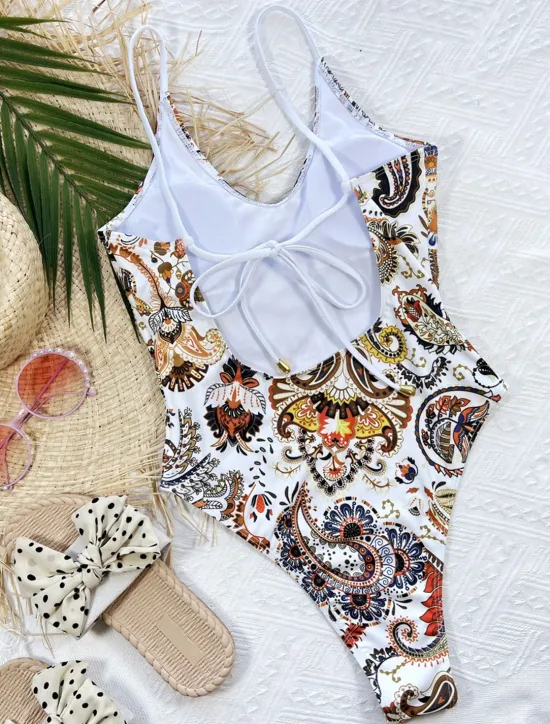 Sale Women's Swimwear One Piece Monokini Swimsuit Backless Tummy Control High Waist Slim Vacation Beach Wear Paisley Scoop Neck Sleeveless Bathing Suits Women One-Pieces