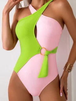 Women's Swimwear One Piece Monokini Swimsuit Backless Patchwork Tummy Control High Waist Slim Vacation Beach Wear Solid Color Scoop Neck Sleeveless Bathing Suits Women One-Pieces