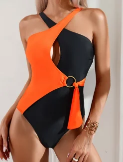 Women's Swimwear One Piece Monokini Swimsuit Backless Patchwork Tummy Control High Waist Slim Vacation Beach Wear Solid Color Scoop Neck Sleeveless Bathing Suits Women One-Pieces