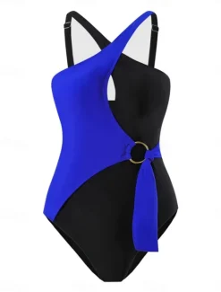 Women's Swimwear One Piece Monokini Swimsuit Backless Patchwork Tummy Control High Waist Slim Vacation Beach Wear Solid Color Scoop Neck Sleeveless Bathing Suits Women One-Pieces