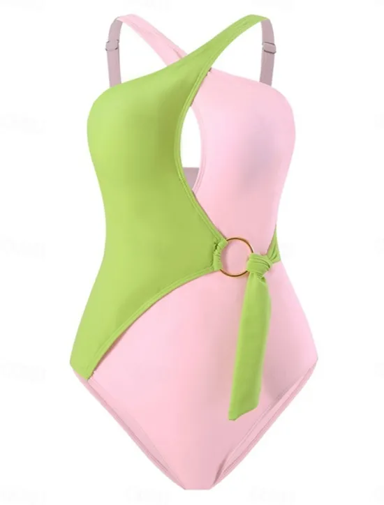 Women's Swimwear One Piece Monokini Swimsuit Backless Patchwork Tummy Control High Waist Slim Vacation Beach Wear Solid Color Scoop Neck Sleeveless Bathing Suits Women One-Pieces