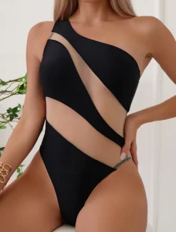 Sale Women's Swimwear One Piece Monokini Swimsuit Backless Tummy Control High Waist Slim Vacation Beach Wear Color Block Asymmetric Neck Sleeveless Bathing Suits Women One-Pieces