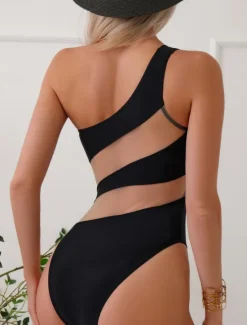 Sale Women's Swimwear One Piece Monokini Swimsuit Backless Tummy Control High Waist Slim Vacation Beach Wear Color Block Asymmetric Neck Sleeveless Bathing Suits Women One-Pieces
