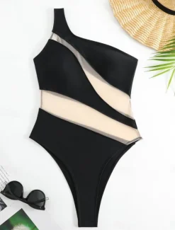 Sale Women's Swimwear One Piece Monokini Swimsuit Backless Tummy Control High Waist Slim Vacation Beach Wear Color Block Asymmetric Neck Sleeveless Bathing Suits Women One-Pieces