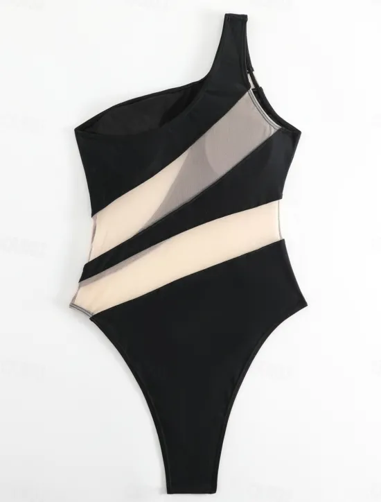 Sale Women's Swimwear One Piece Monokini Swimsuit Backless Tummy Control High Waist Slim Vacation Beach Wear Color Block Asymmetric Neck Sleeveless Bathing Suits Women One-Pieces