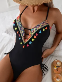 Discount Women's Swimwear One Piece Monokini Swimsuit Backless Tummy Control High Waist Slim Fringe Vacation Beach Wear Geometric V Neck Sleeveless Bathing Suits Women One-Pieces