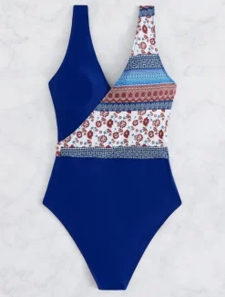 Sale Women's Swimwear One Piece Monokini Swimsuit Backless Tummy Control High Waist Slim Vacation Beach Wear Floral V Neck Sleeveless Bathing Suits Women One-Pieces