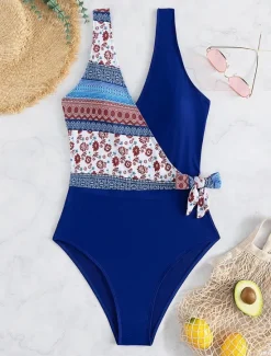 Sale Women's Swimwear One Piece Monokini Swimsuit Backless Tummy Control High Waist Slim Vacation Beach Wear Floral V Neck Sleeveless Bathing Suits Women One-Pieces