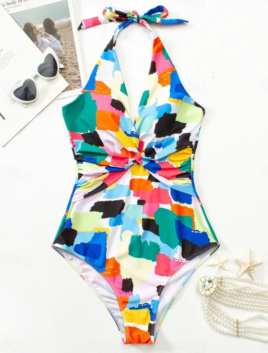 Women's Swimwear One Piece Swimsuit Backless Patchwork Fashion Cute Graphic Halter Neck Sleeveless Bathing Suits Women One-Pieces