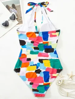Women's Swimwear One Piece Swimsuit Backless Patchwork Fashion Cute Graphic Halter Neck Sleeveless Bathing Suits Women One-Pieces