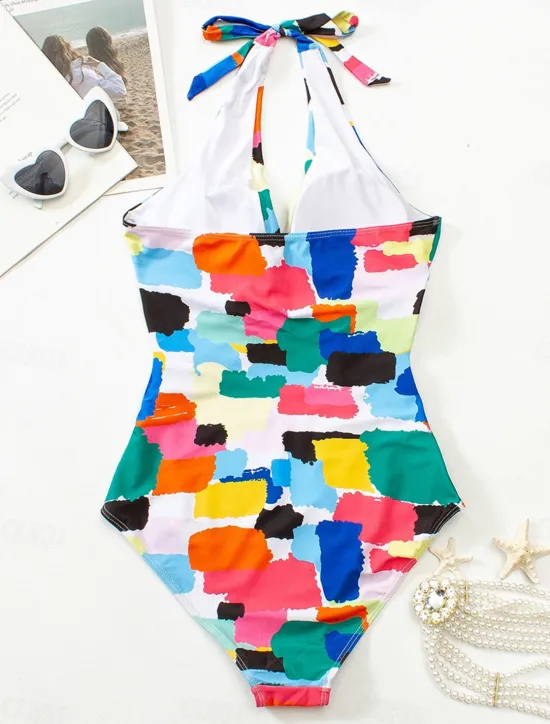 Women's Swimwear One Piece Swimsuit Backless Patchwork Fashion Cute Graphic Halter Neck Sleeveless Bathing Suits Women One-Pieces