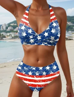 Outlet Women's Swimwear Patriotic Bikini 2 Piece Cheeky Swimsuit Backless Vacation Beach Wear Graphic Flag Halter Neck Sleeveless Bathing Suits Women Bikinis|Independence Day Swimwear