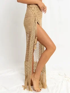 Hot Women's Swimwear Skirt Fashion Beach Wear Casual Maxi High Waist Skirts Solid Colored Cut Out Crochet Vacation Beach Summer Spandex Women Skirts