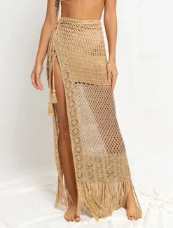Hot Women's Swimwear Skirt Fashion Beach Wear Casual Maxi High Waist Skirts Solid Colored Cut Out Crochet Vacation Beach Summer Spandex Women Skirts