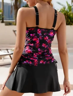 New Women's Swimwear Swimdresses 2 Piece Skirt Tankini Swimsuit Backless High Waist Vacation Beach Wear Floral V Neck Sleeveless Bathing Suits Women Swimdresses