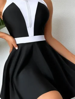 Clearance Women's Swimwear Swimdresses One Piece Tankini Swimsuit Tummy Control High Waist Slim Vacation Beach Wear Color Block Round Neck Sleeveless Bathing Suits Women Swimdresses